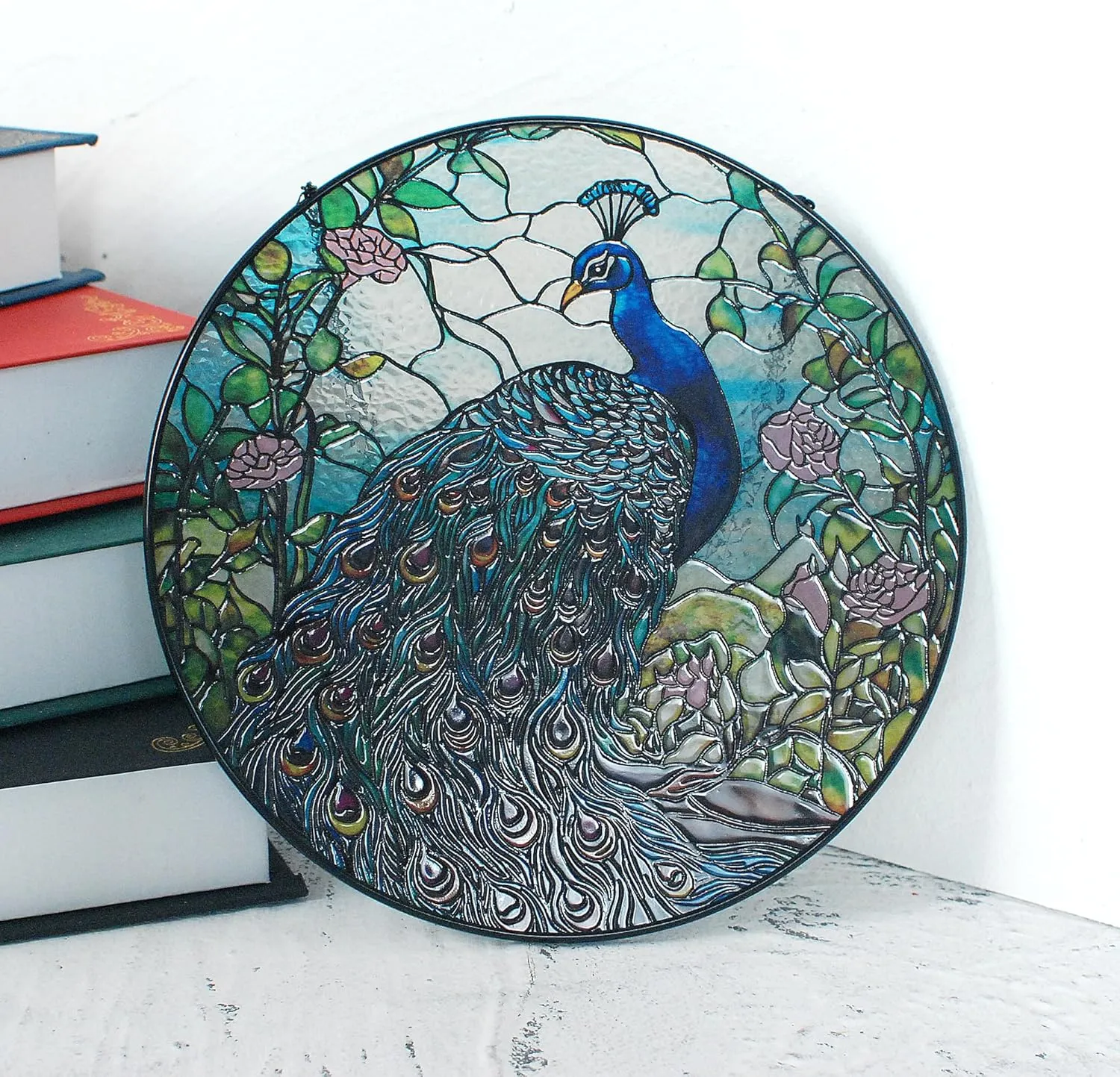 7.8'' Peacock Decor Suncatcher Stained Glass - Originally Designed Peacock Suncatchers for Sun Catchers Indoor Window | Painted Glass Panel Decor Themed Gift
