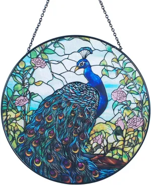 7.8'' Peacock Decor Suncatcher Stained Glass - Originally Designed Peacock Suncatchers for Sun Catchers Indoor Window | Painted Glass Panel Decor Themed Gift
