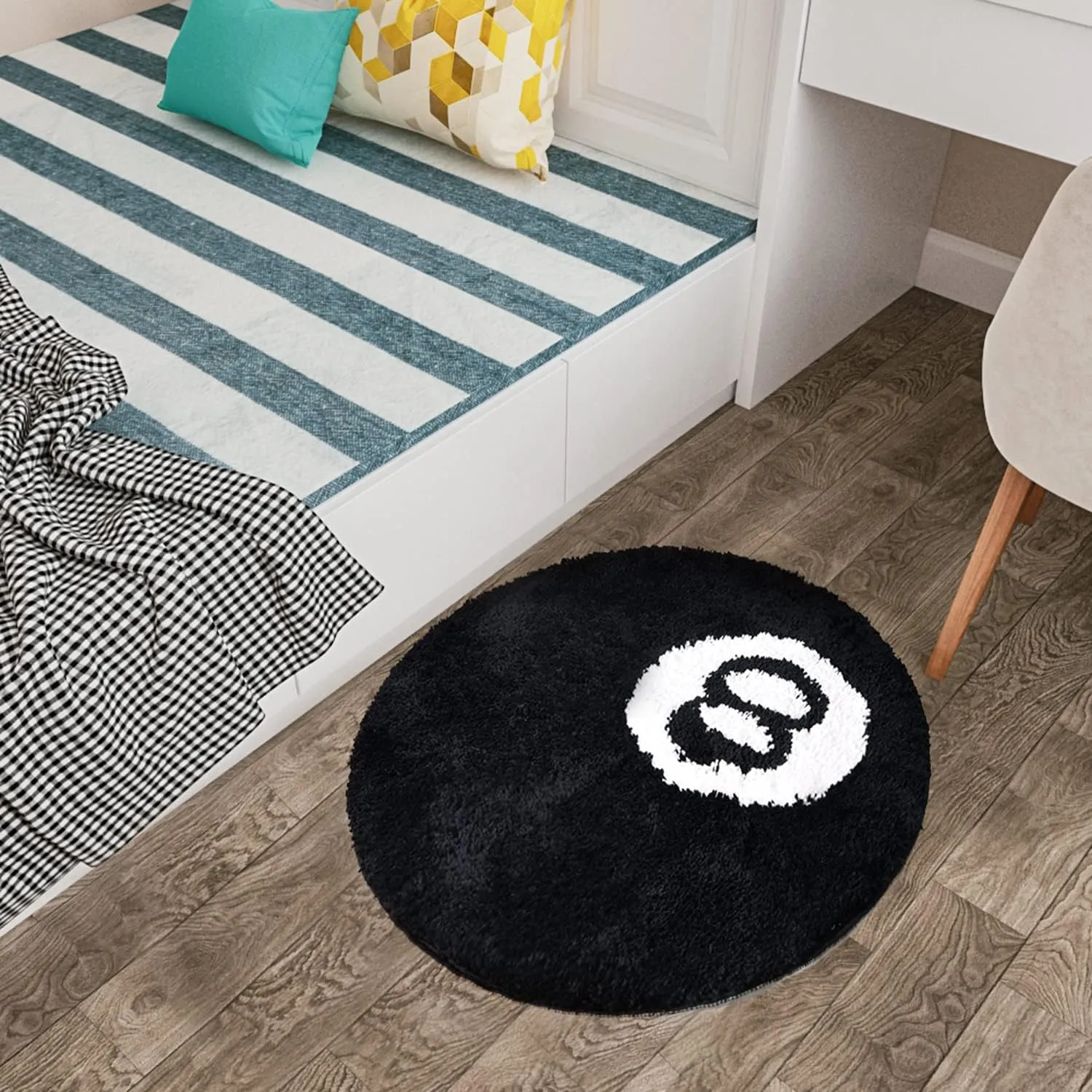 8 Ball Rug - 24 inch Black Round Carpet Billiard Pool 8 Ball Carpet, Non-Slip Flocking Floor Bath Mat for Living Room Decor, Alt Room Decor Soft Y2K Rug Hypebeast Doormat for Bedroom