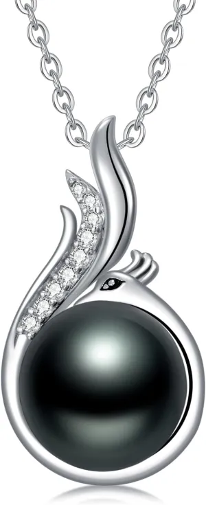 9-10mm Black Freshwater Cultured Pearl Necklace with Moissanite, Phoenix Pendant Necklaces with Black Pearl, 18K White Gold Plated 925 Sterling Silver Jewelry Mothers Day Christmas Gifts for Women
