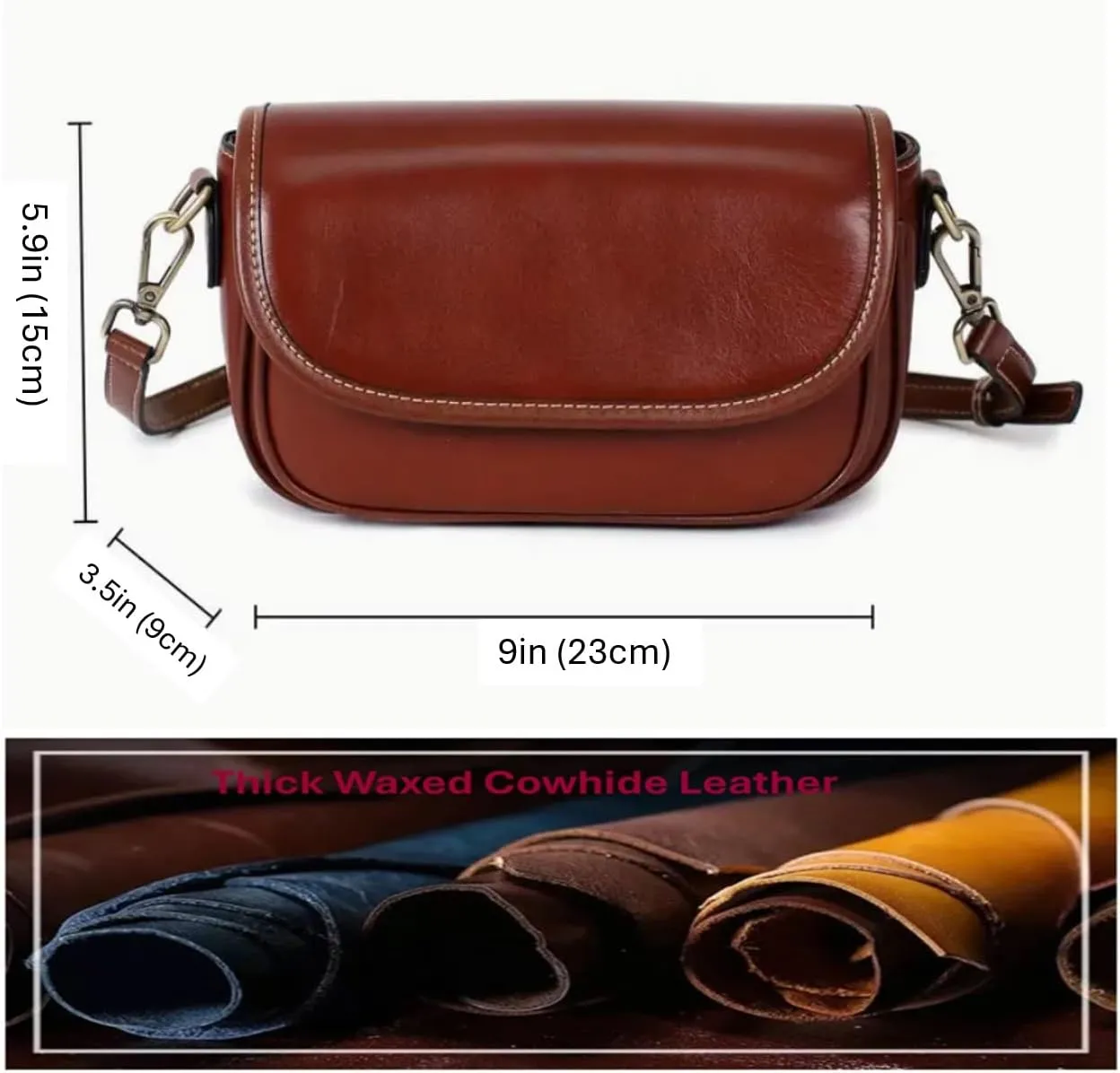 9" Women Genuine Cow Real Leather Crossbody Bag Purse with 2 Adjutable Shoulder Straps