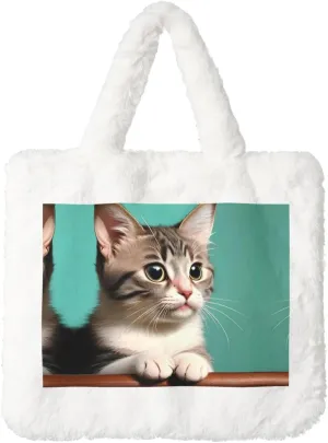A curious cat Ladies Plush Handbag - Versatile Women's Tote Bag â€“ Ideal for Shopping, Cosmetic Needs, and Festive Gifting, White, One Size