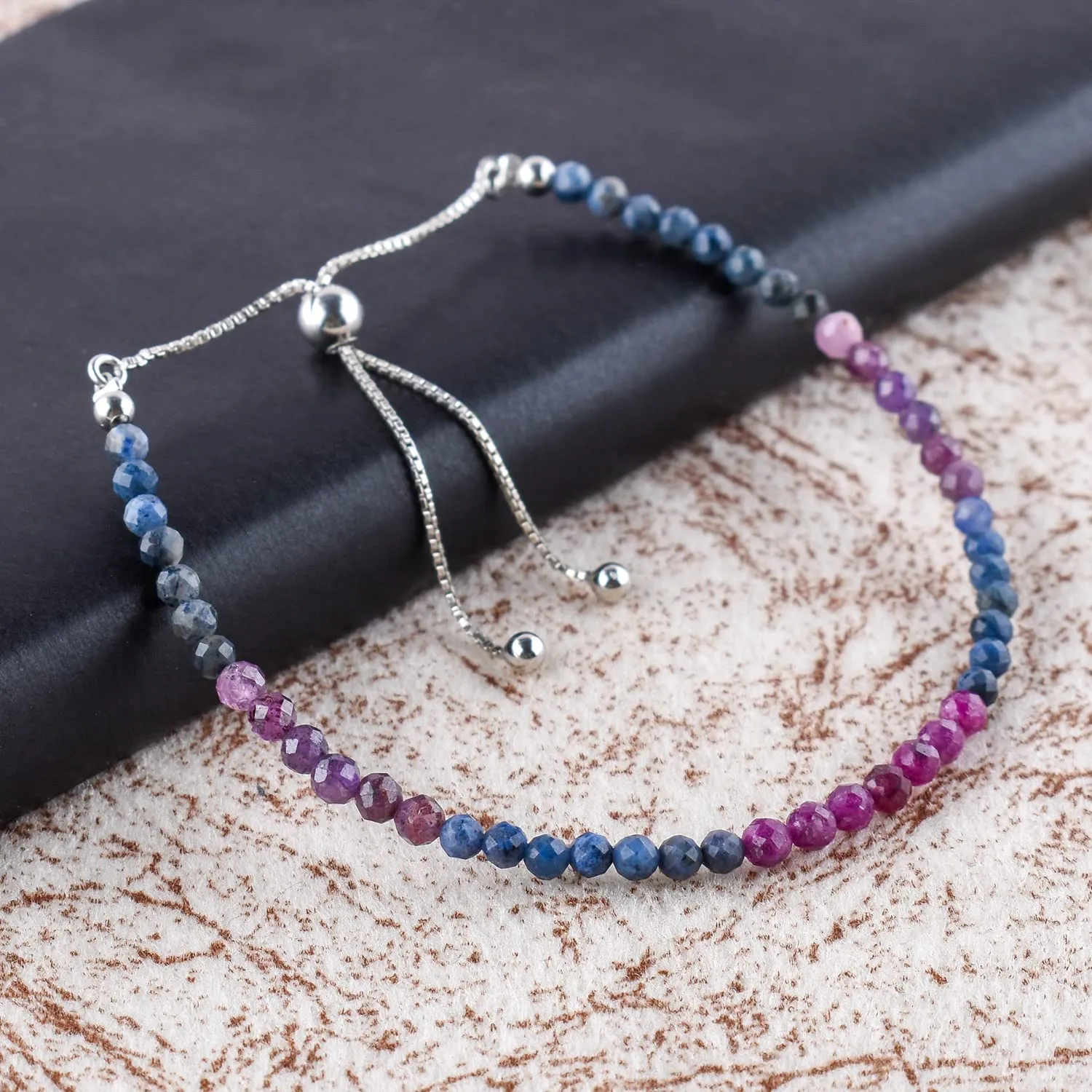 AA  Natural Ruby & Blue Sapphire Gemstone Bolo Bracelet, Minimalist Jewelry, Rhodium Plated, 925 Sterling Silver, Adjustable Slider, Chakra Crystals, Women Jewelry, Valentine Gift, 10"