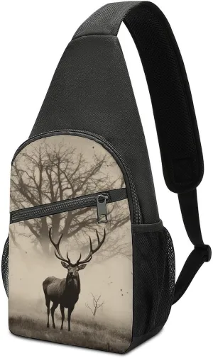 Abstract Tree Elk Picture Sling Bag Casual Chest Bag Crossbody Shoulder Backpack Sport Travel Hiking Daypack for Women Men