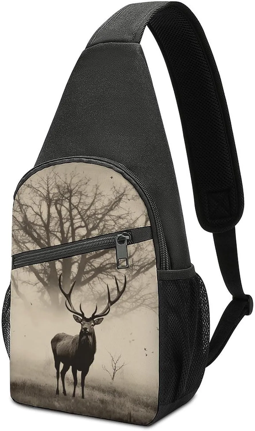 Abstract Tree Elk Picture Sling Bag Casual Chest Bag Crossbody Shoulder Backpack Sport Travel Hiking Daypack for Women Men