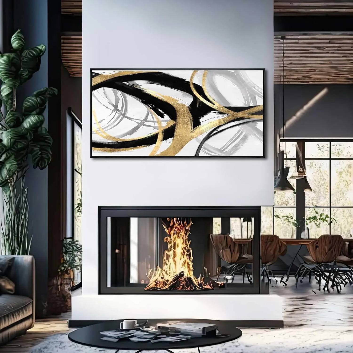 Abstract Wall Art Pictures for Living Room Gold Wall Decor Line Art for Bedroom Kitchen Home Office Decoration Framed Art 24"x48"