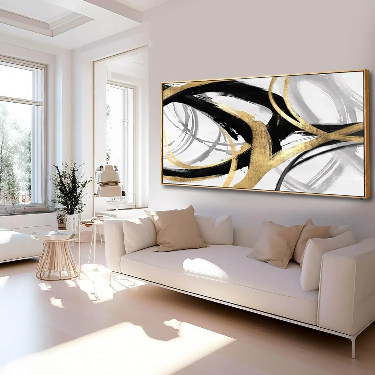 Abstract Wall Art Pictures for Living Room Gold Wall Decor Line Art for Bedroom Kitchen Home Office Decoration Framed Art 24"x48"