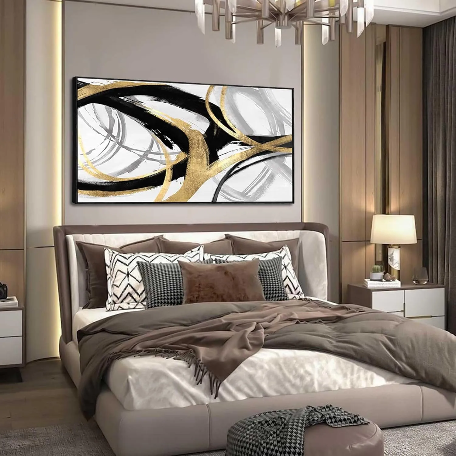 Abstract Wall Art Pictures for Living Room Gold Wall Decor Line Art for Bedroom Kitchen Home Office Decoration Framed Art 24"x48"