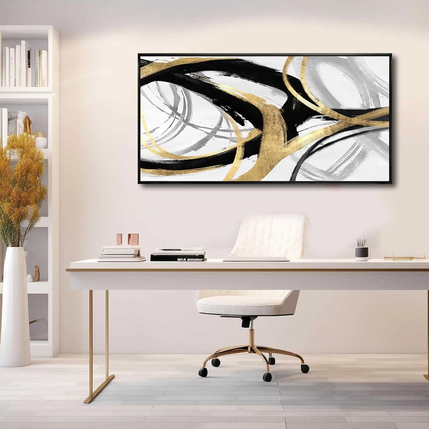 Abstract Wall Art Pictures for Living Room Gold Wall Decor Line Art for Bedroom Kitchen Home Office Decoration Framed Art 24"x48"