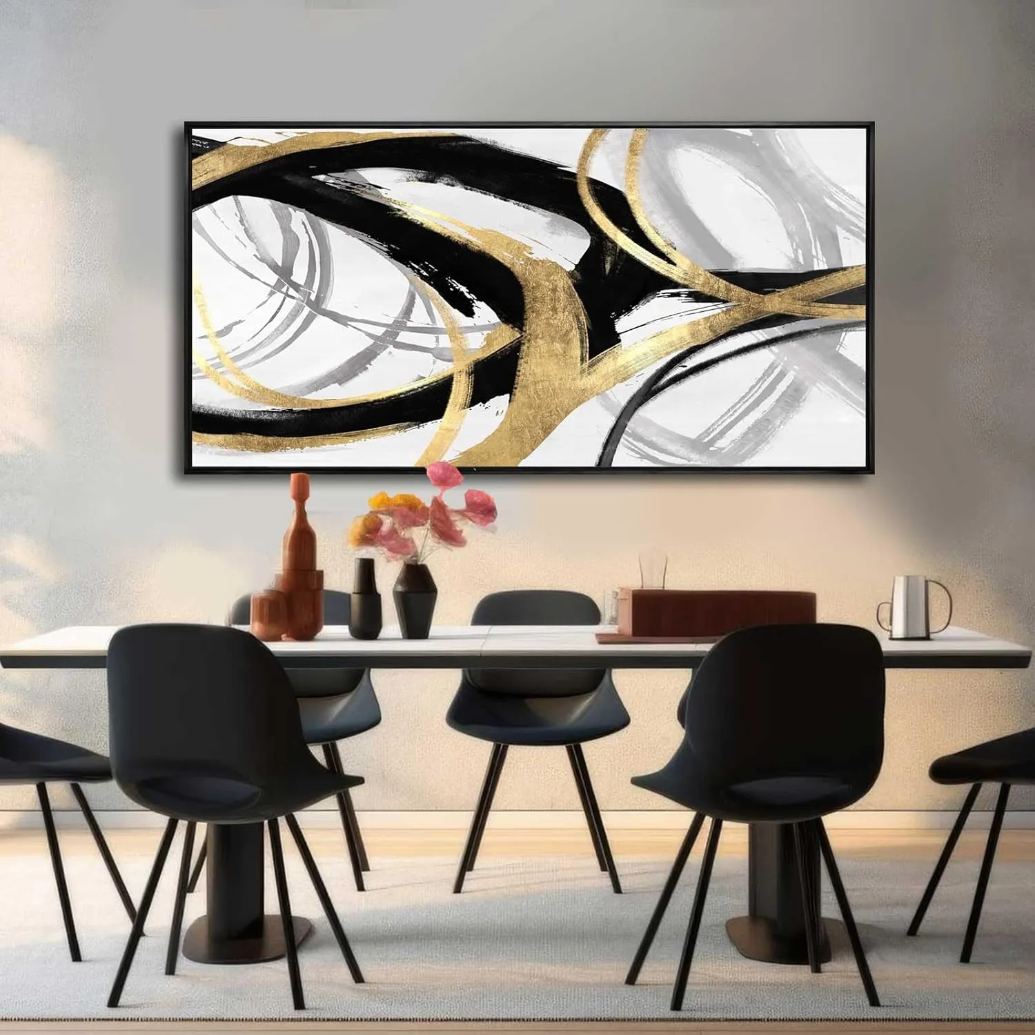 Abstract Wall Art Pictures for Living Room Gold Wall Decor Line Art for Bedroom Kitchen Home Office Decoration Framed Art 24"x48"