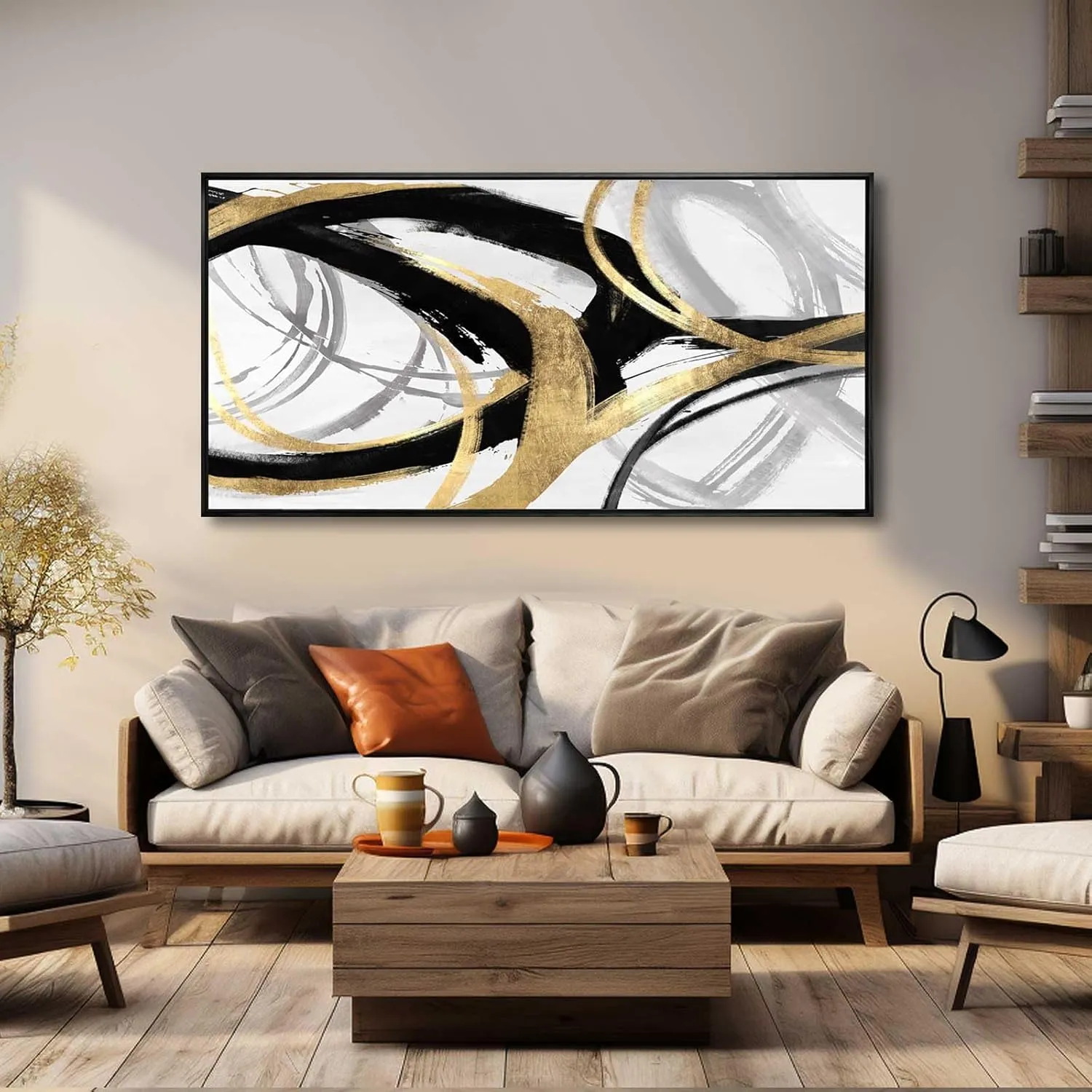 Abstract Wall Art Pictures for Living Room Gold Wall Decor Line Art for Bedroom Kitchen Home Office Decoration Framed Art 24"x48"