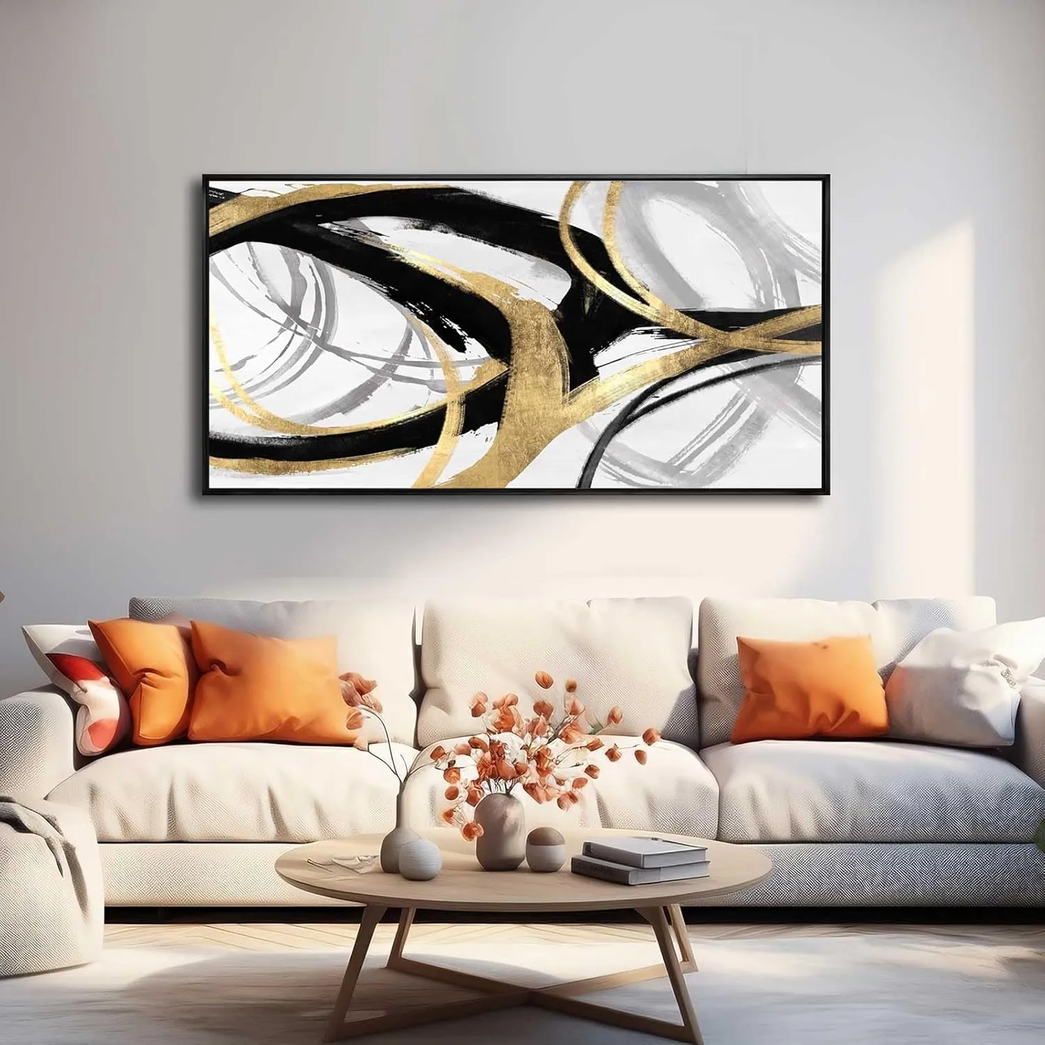Abstract Wall Art Pictures for Living Room Gold Wall Decor Line Art for Bedroom Kitchen Home Office Decoration Framed Art 24"x48"