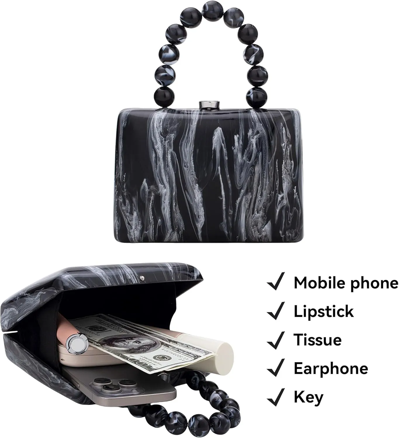 Acrylic Purses Evening Clutch Bag Marbling Handbags for Women Cross Body Bag with Pearl Chain Formal Wedding Prom Party