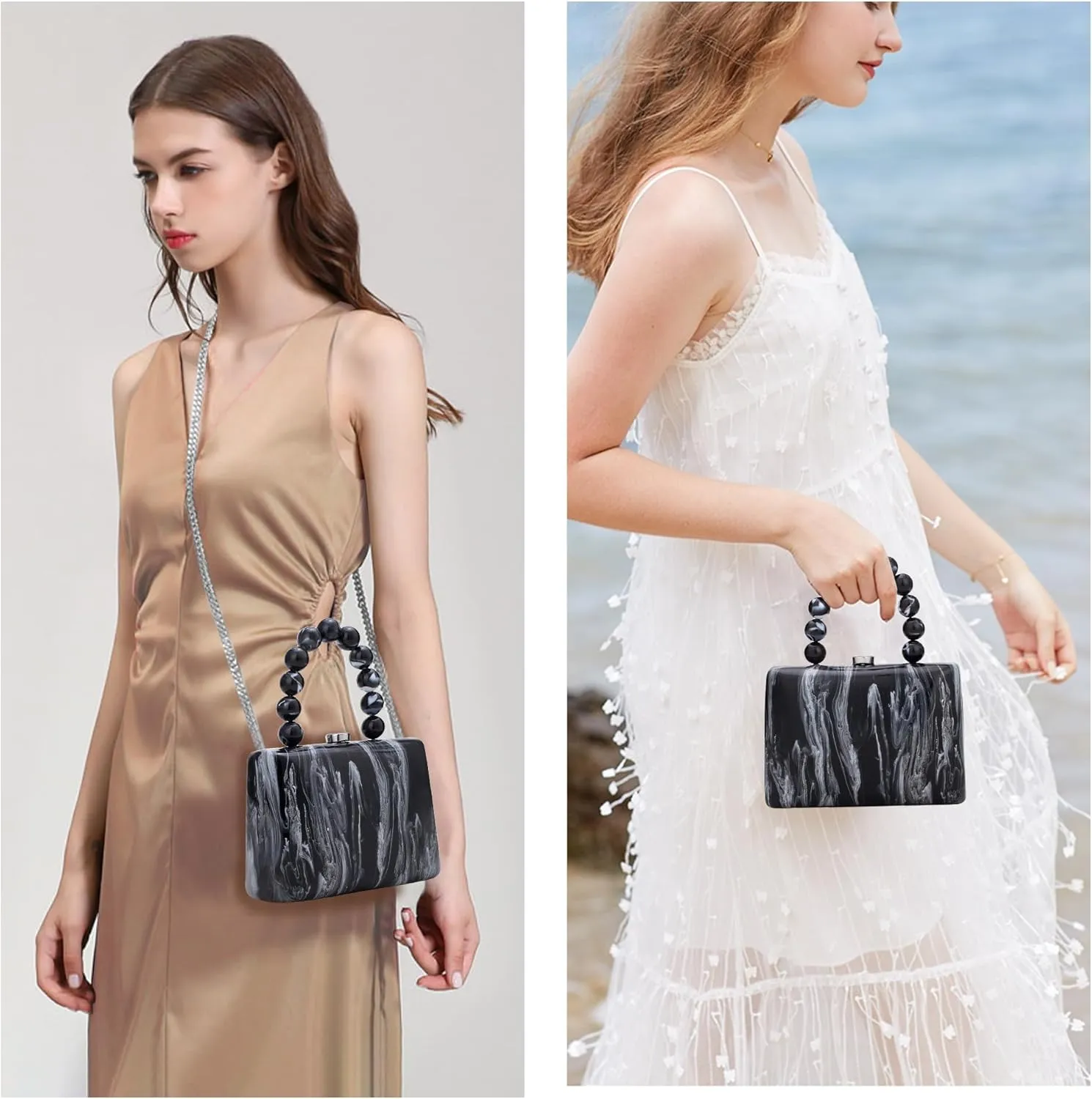 Acrylic Purses Evening Clutch Bag Marbling Handbags for Women Cross Body Bag with Pearl Chain Formal Wedding Prom Party