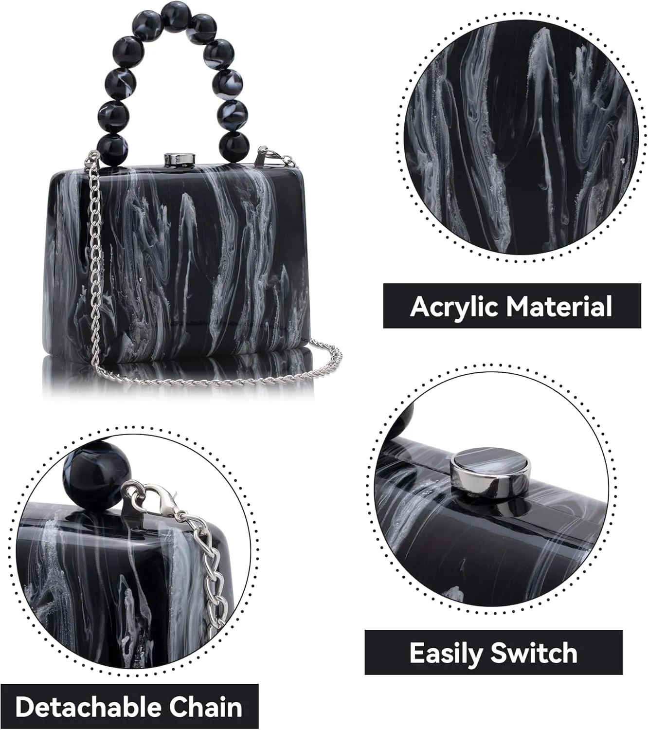 Acrylic Purses Evening Clutch Bag Marbling Handbags for Women Cross Body Bag with Pearl Chain Formal Wedding Prom Party