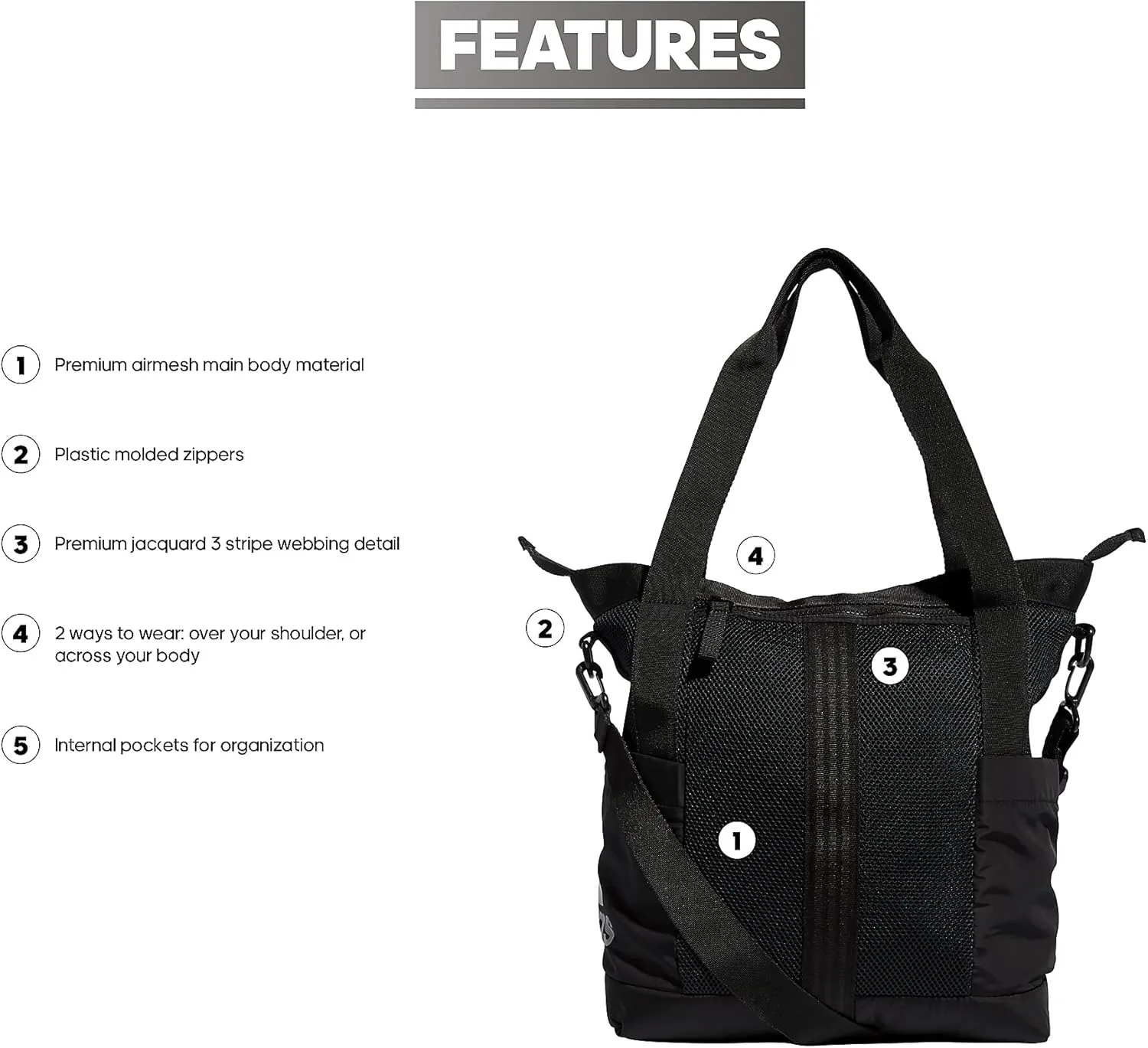 adidas Women, Large Tote, Gym Bag with Shoulder Strap, Black, OSFA