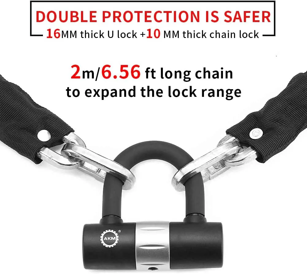 AKM Motorcycle Lock 6.56ft/200cmx10mm Thick Anti-Theft Heavy Duty Chain Locks with 4 Keys Security 16mm U Lock Disc Lock,Super Long Durable Bike Chain Lock for Motorcycles,Containers,Trailers