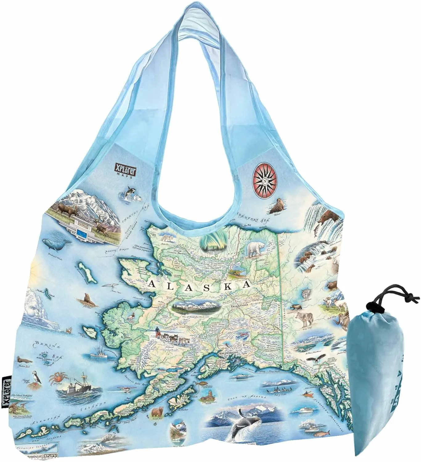 Alaska State Map Pouch Tote with Handles – Reusable & Eco-Friendly Grocery Shopping Bag, Foldable & Washable Nylon, Heavy-Duty & Compact, 18"x25"