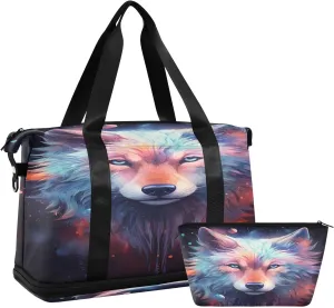 ALAZA Animal Fantasy Wolf Travel Duffel Bag for Women Men Sports Gym Bag with Shoe Compartment Tote Weekender Overnight Bag with Wet Pocket for Travel, Gym,Yoga,Swimming