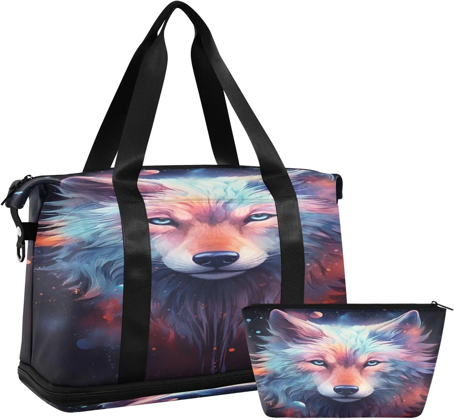 ALAZA Animal Fantasy Wolf Travel Duffel Bag for Women Men Sports Gym Bag with Shoe Compartment Tote Weekender Overnight Bag with Wet Pocket for Travel, Gym,Yoga,Swimming