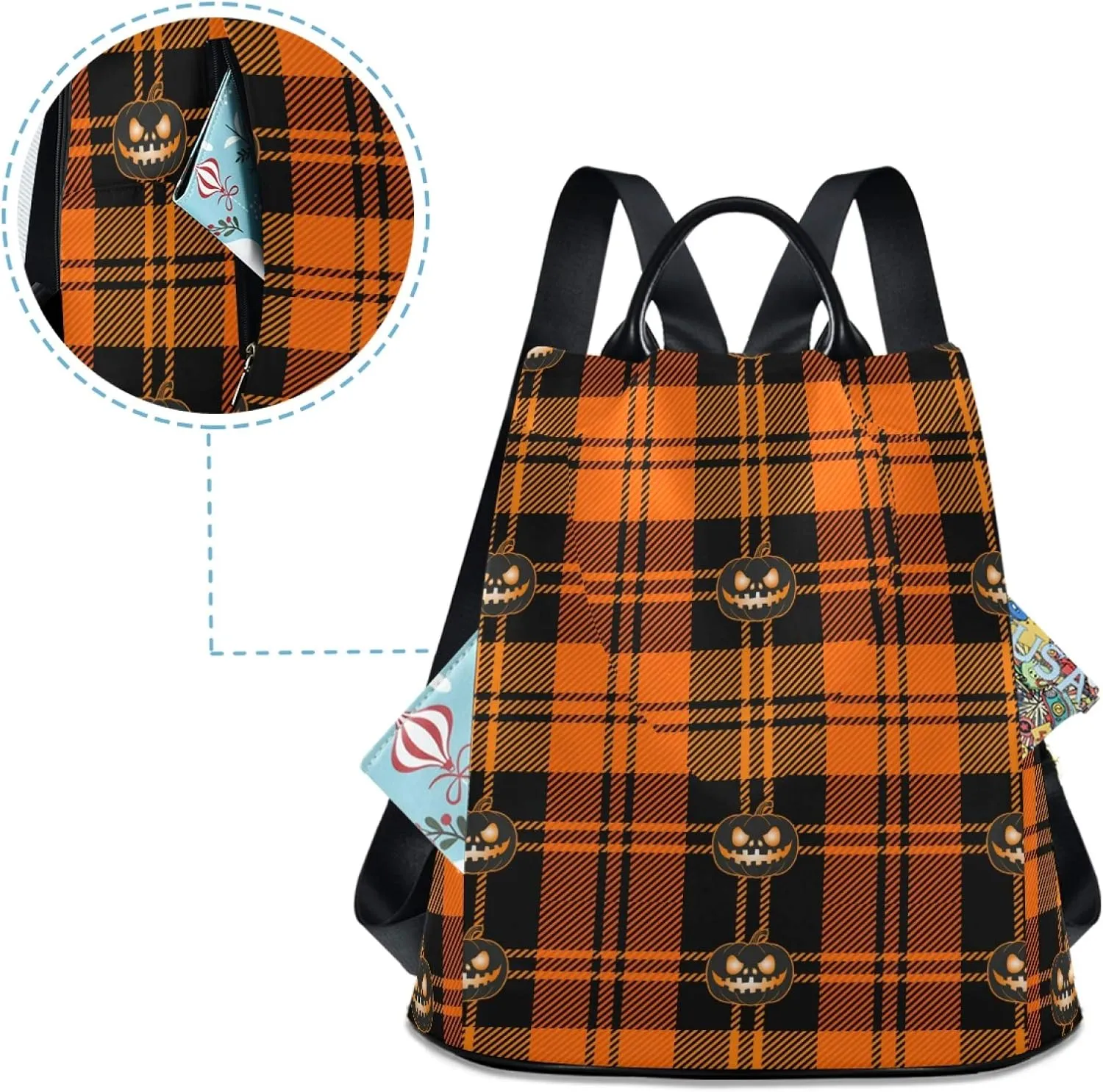 ALAZA Halloween Pumpkin Orange Tartan Buffalo Plaid Backpack Purse for Women Anti Theft Fashion Back Pack Shoulder Bag