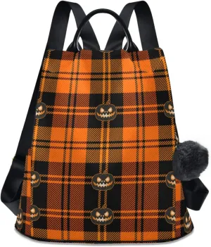 ALAZA Halloween Pumpkin Orange Tartan Buffalo Plaid Backpack Purse for Women Anti Theft Fashion Back Pack Shoulder Bag