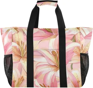 ALAZA Hand Drawn Cute Chic Lily Floral Flower Waterproof Beach Tote Bags