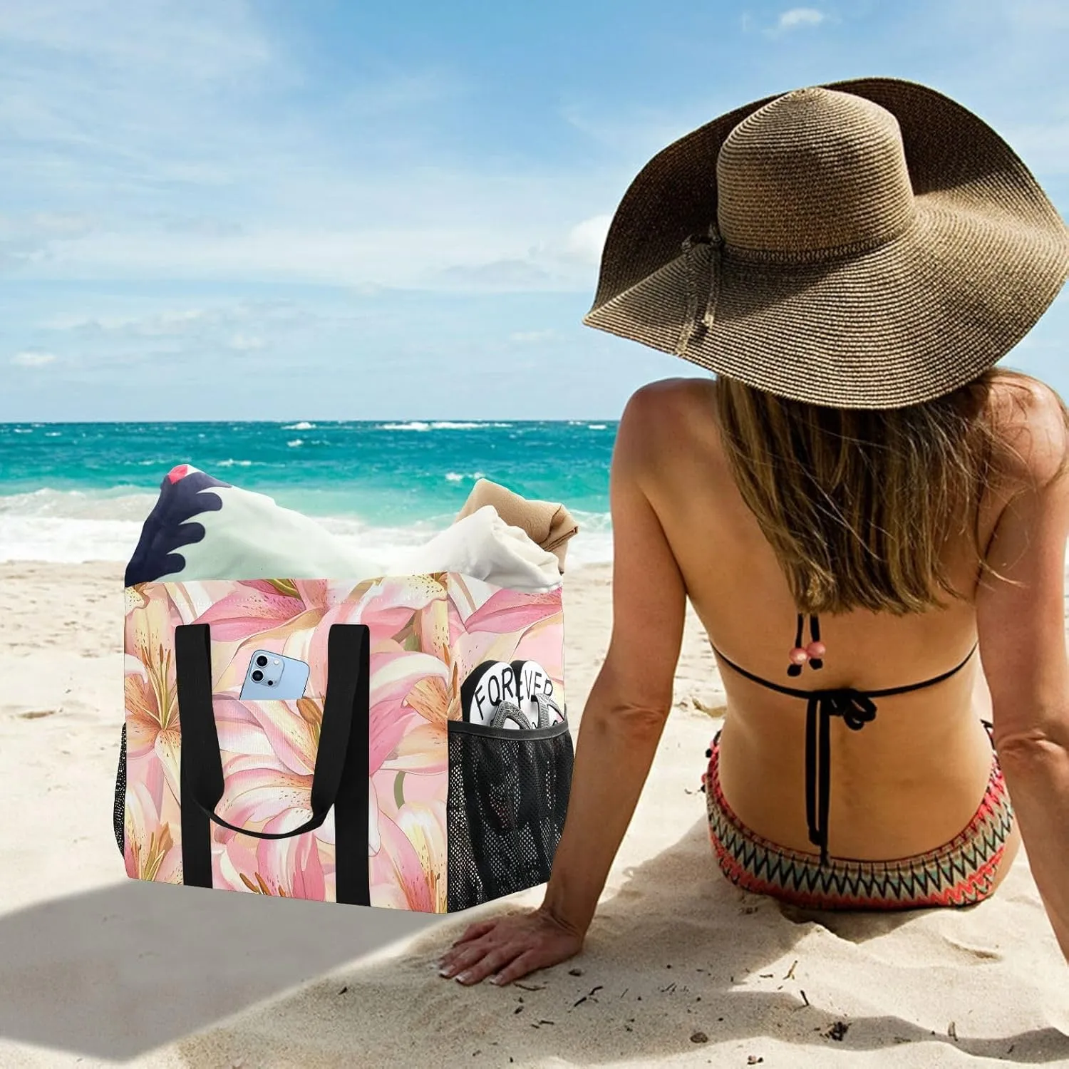 ALAZA Hand Drawn Cute Chic Lily Floral Flower Waterproof Beach Tote Bags
