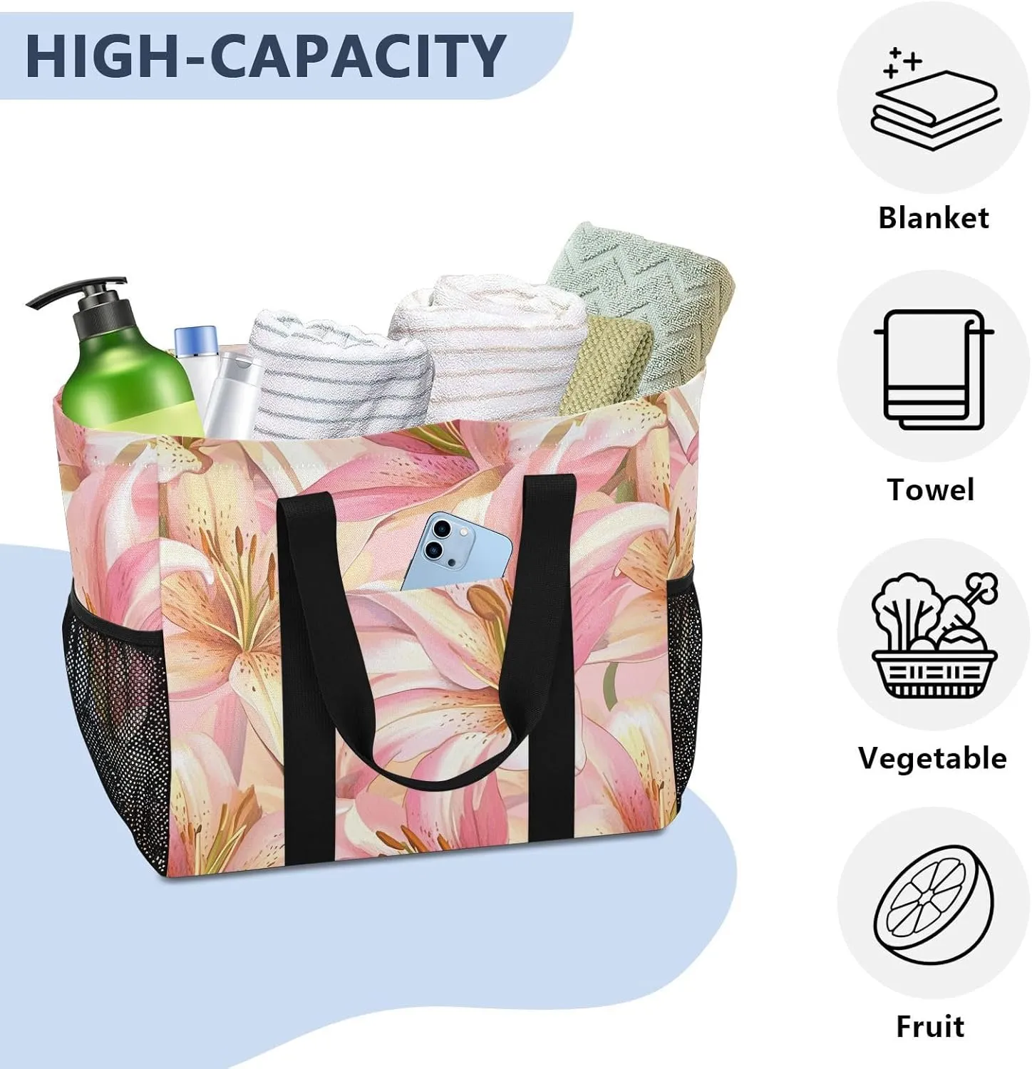 ALAZA Hand Drawn Cute Chic Lily Floral Flower Waterproof Beach Tote Bags