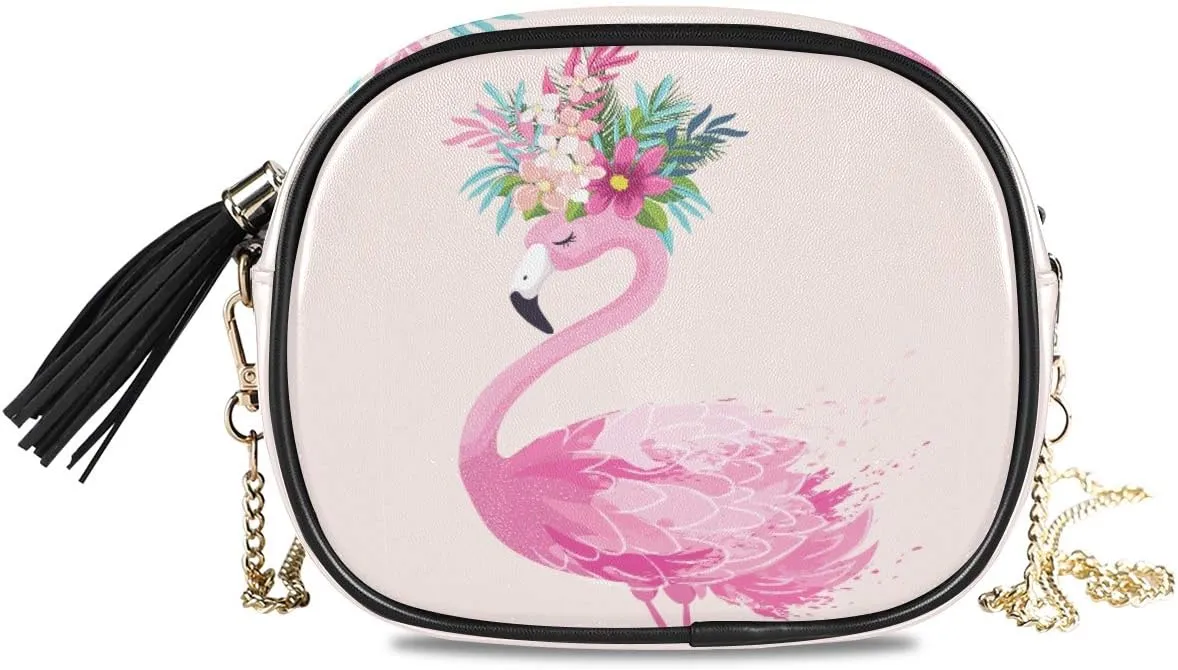 ALAZA PU Leather Small Crossbody Bag Purse Wallet Hand Drawn Pink Flamingo Flower Cell Phone Bags with Adjustable Chain Strap & Multi Pocket