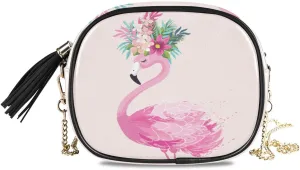 ALAZA PU Leather Small Crossbody Bag Purse Wallet Hand Drawn Pink Flamingo Flower Cell Phone Bags with Adjustable Chain Strap & Multi Pocket