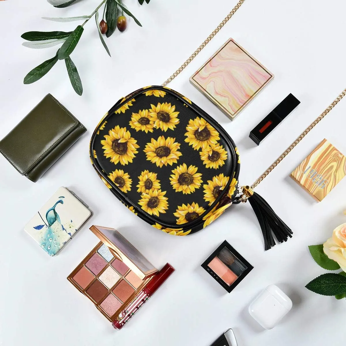 ALAZA PU Leather Small Crossbody Bag Purse Wallet Sunflower Print Floral Balck Cell Phone Bags with Adjustable Chain Strap & Multi Pocket
