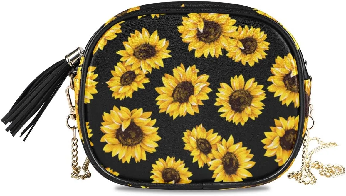 ALAZA PU Leather Small Crossbody Bag Purse Wallet Sunflower Print Floral Balck Cell Phone Bags with Adjustable Chain Strap & Multi Pocket