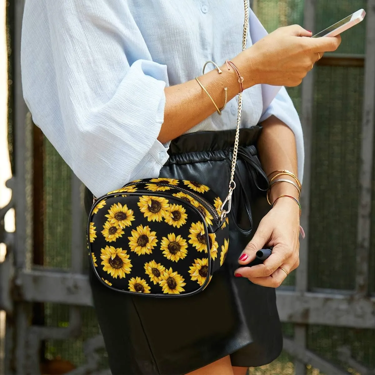 ALAZA PU Leather Small Crossbody Bag Purse Wallet Sunflower Print Floral Balck Cell Phone Bags with Adjustable Chain Strap & Multi Pocket
