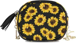 ALAZA PU Leather Small Crossbody Bag Purse Wallet Sunflower Print Floral Balck Cell Phone Bags with Adjustable Chain Strap & Multi Pocket