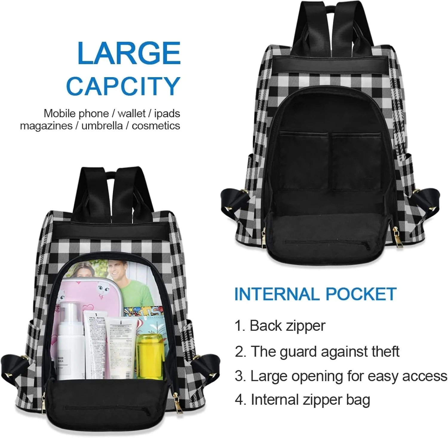 ALAZA Retro Black White Buffalo Plaid Backpack Purse for Women Anti Theft Fashion Back Pack Shoulder Bag
