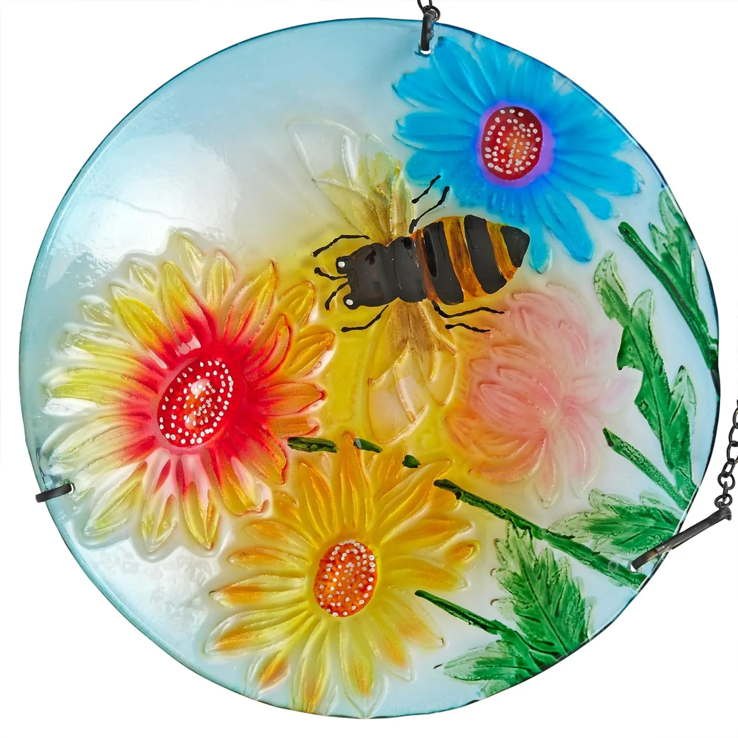 Alpine Corporation KBD126 Outdoor Hanging Glass Bird Feeder and Birdbath, Floral and Bee Birdbath Bowl with Chain, 10" W