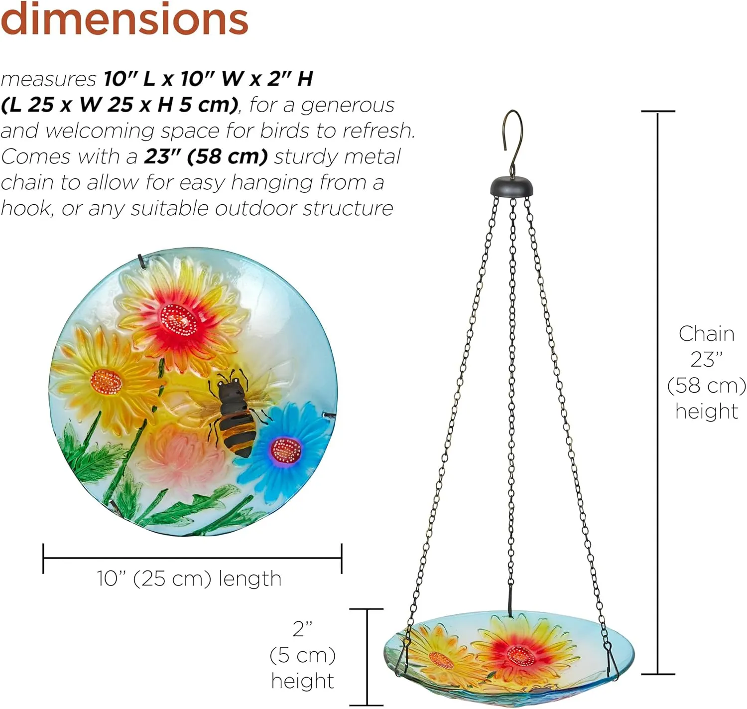 Alpine Corporation KBD126 Outdoor Hanging Glass Bird Feeder and Birdbath, Floral and Bee Birdbath Bowl with Chain, 10" W