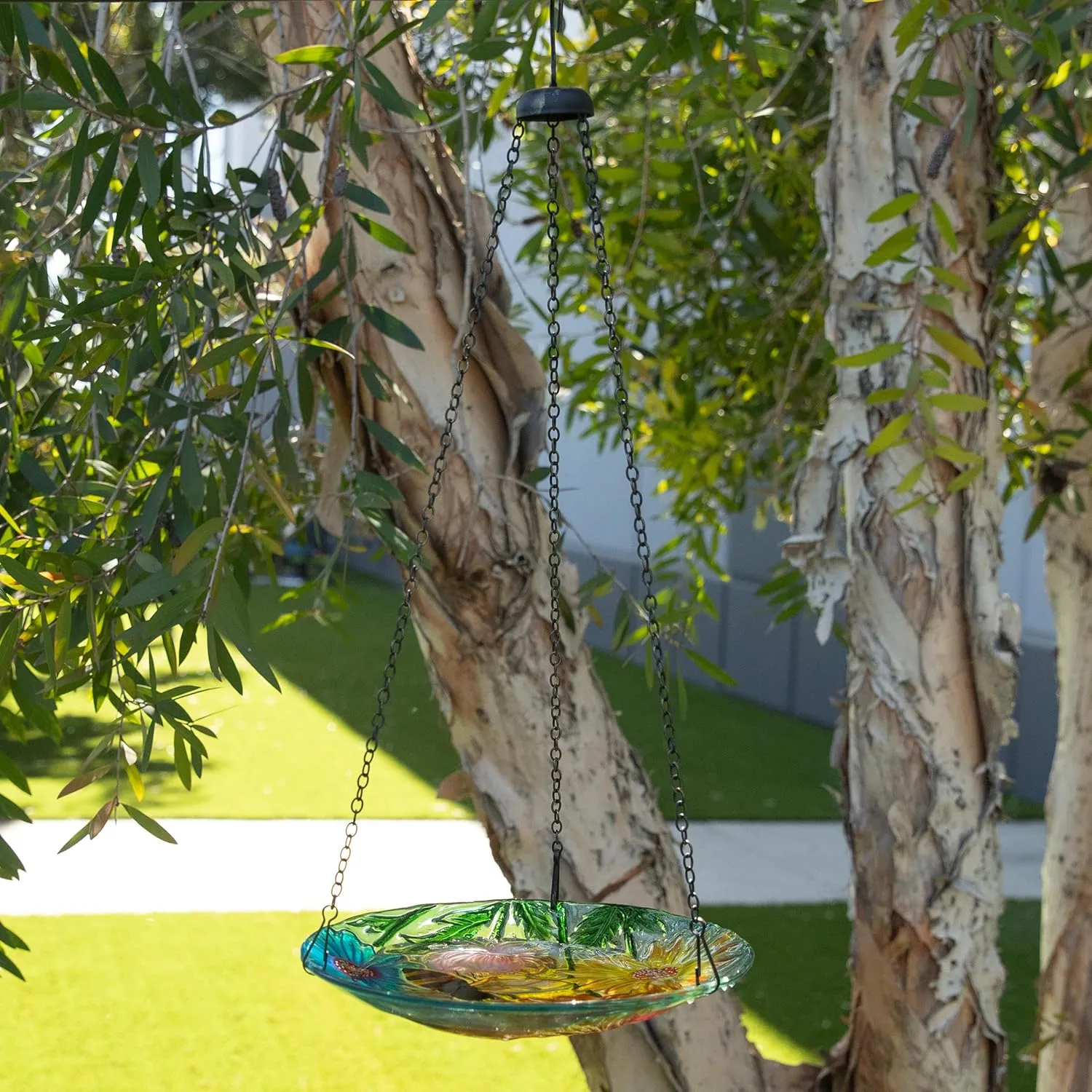 Alpine Corporation KBD126 Outdoor Hanging Glass Bird Feeder and Birdbath, Floral and Bee Birdbath Bowl with Chain, 10" W