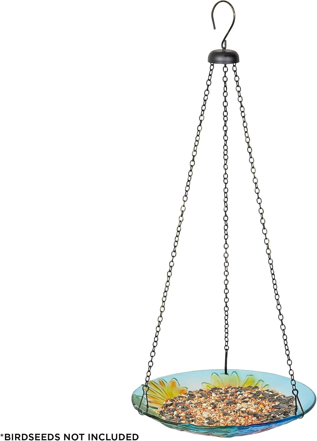 Alpine Corporation KBD126 Outdoor Hanging Glass Bird Feeder and Birdbath, Floral and Bee Birdbath Bowl with Chain, 10" W