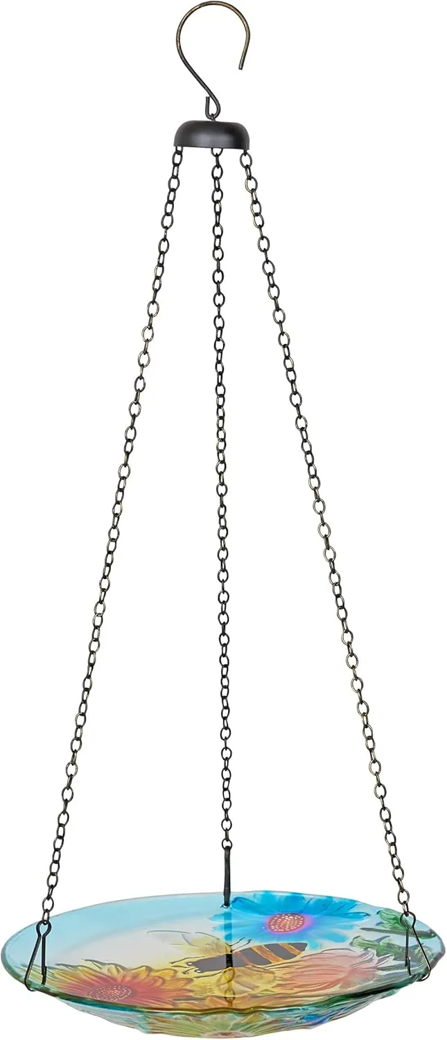 Alpine Corporation KBD126 Outdoor Hanging Glass Bird Feeder and Birdbath, Floral and Bee Birdbath Bowl with Chain, 10" W
