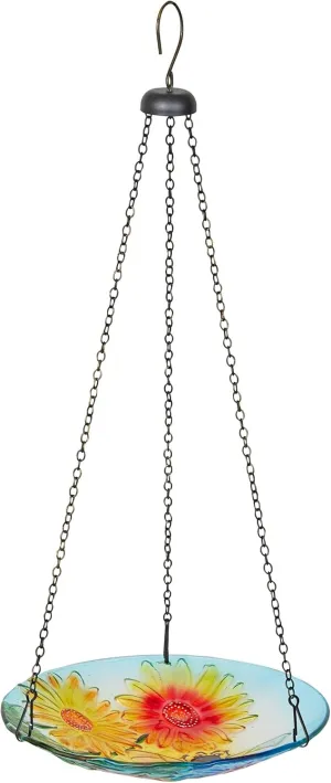 Alpine Corporation KBD126 Outdoor Hanging Glass Bird Feeder and Birdbath, Floral and Bee Birdbath Bowl with Chain, 10" W