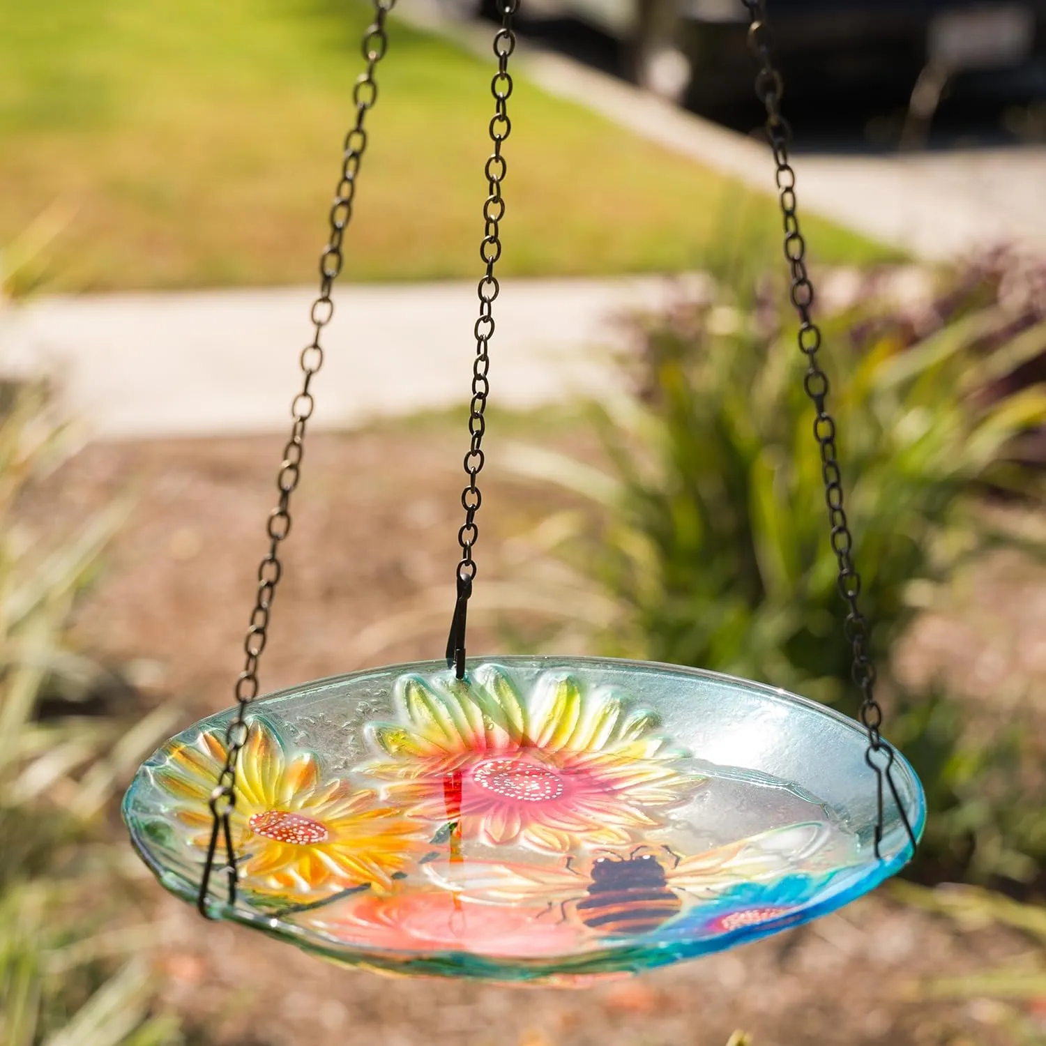 Alpine Corporation KBD126 Outdoor Hanging Glass Bird Feeder and Birdbath, Floral and Bee Birdbath Bowl with Chain, 10" W