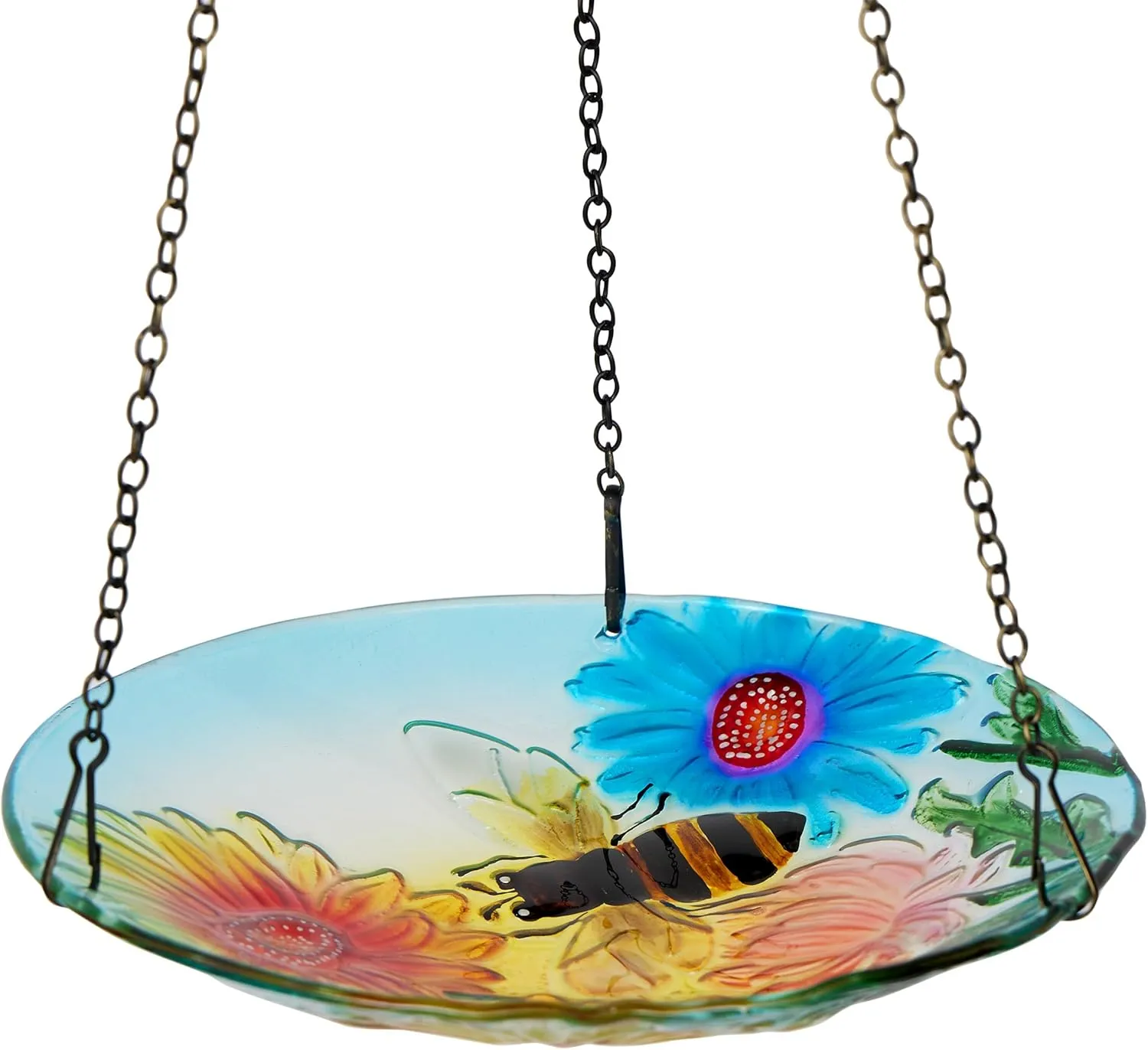 Alpine Corporation KBD126 Outdoor Hanging Glass Bird Feeder and Birdbath, Floral and Bee Birdbath Bowl with Chain, 10" W