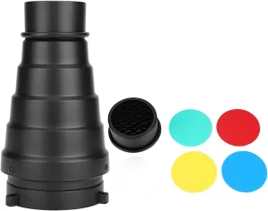 Aluminium Alloy Conical Studio Snoot Kit with Honeycomb Grid and 5pcs Color Filters for Bowens Mount Strobe Moonlights Flash Speedlight Photography Light