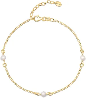 Amberta Women 925 Sterling Silver Freshwater Pearl Anklet