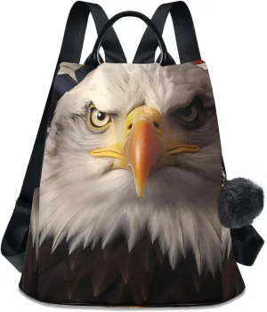 American Flag Serious Eagle Travel Backpack Purse for Women Multipurpose Design Ladies Fashion Bag with Pompom