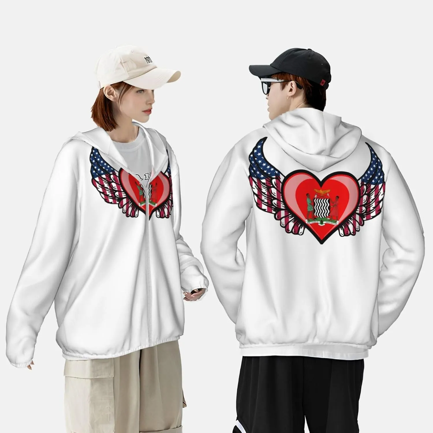 American Flag Wings with Coat of Arms of Zambia Sun Protection Shirt Lightweight Breathable Quick-Dry Zip Hoodie