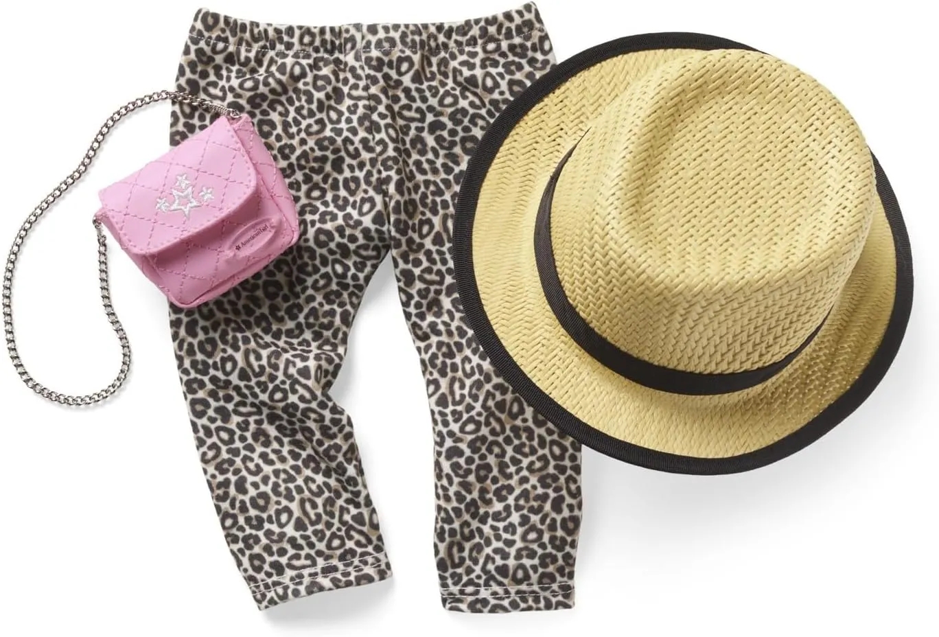 American Girl Truly Me 18-inch Doll Accessories Leopard-Print Pants, Pink Pants, and Straw Hat with Ribbon, For Ages 6 