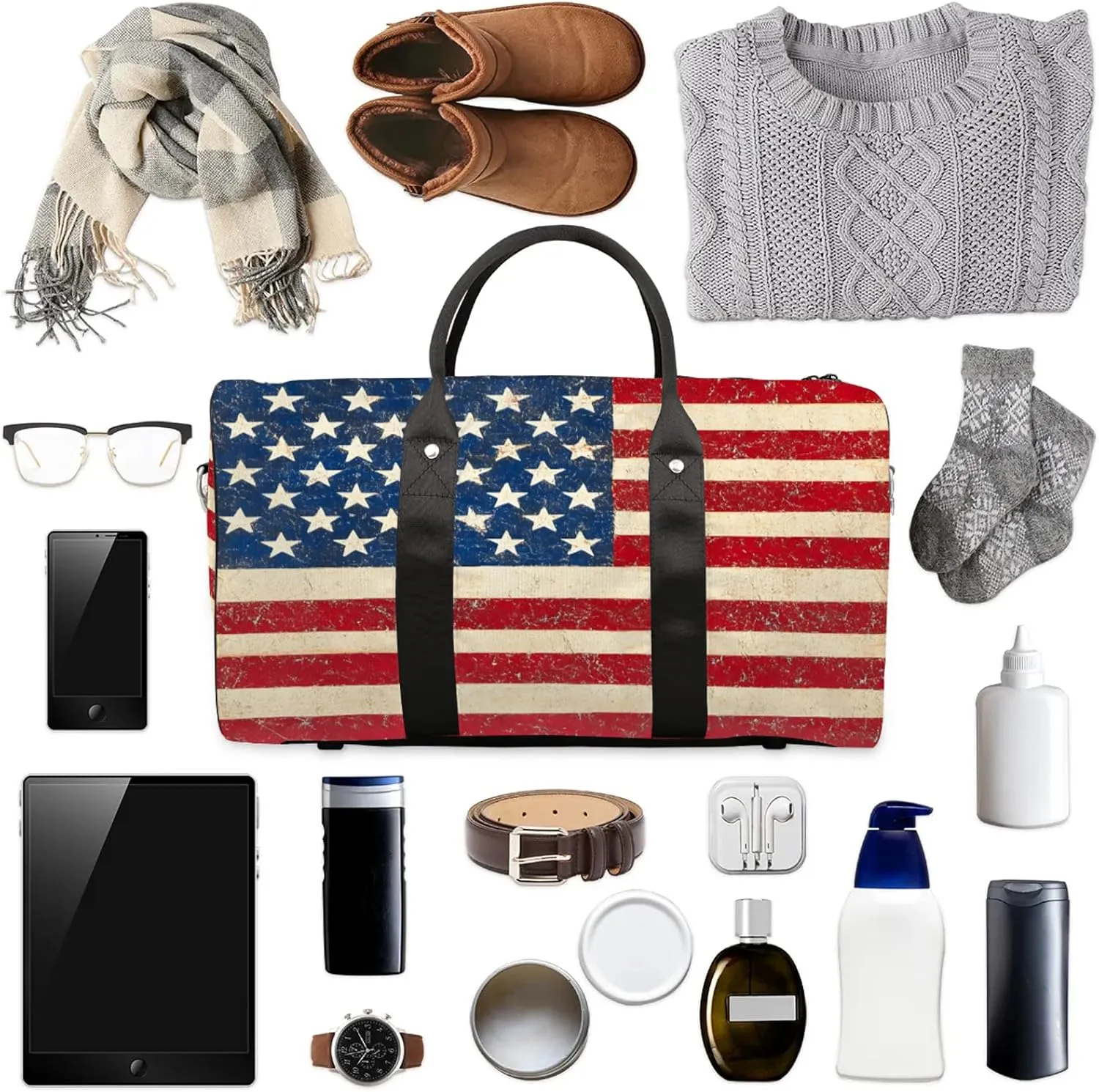 American Usa Flag Duffle Bag for Travel, Overnight Weekend Gym Carry On Luggage Bag, 4th July Independence Day Travel Duffel Bag for Men Women
